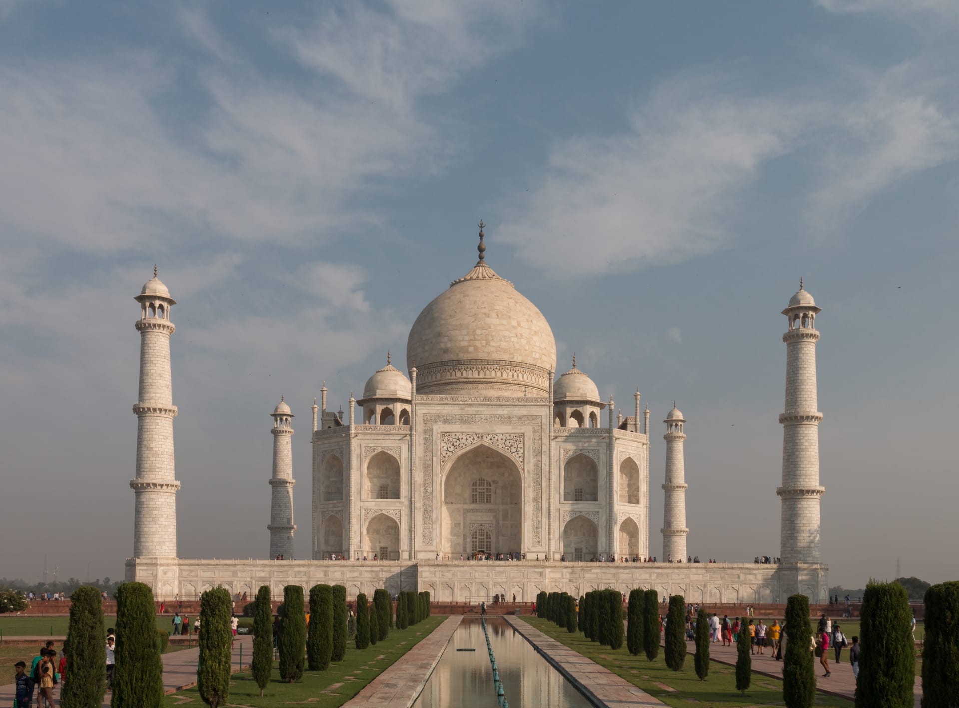The Taj Mahal seen from its southern gardens, the long reflecting pool leading to the white marble tomb