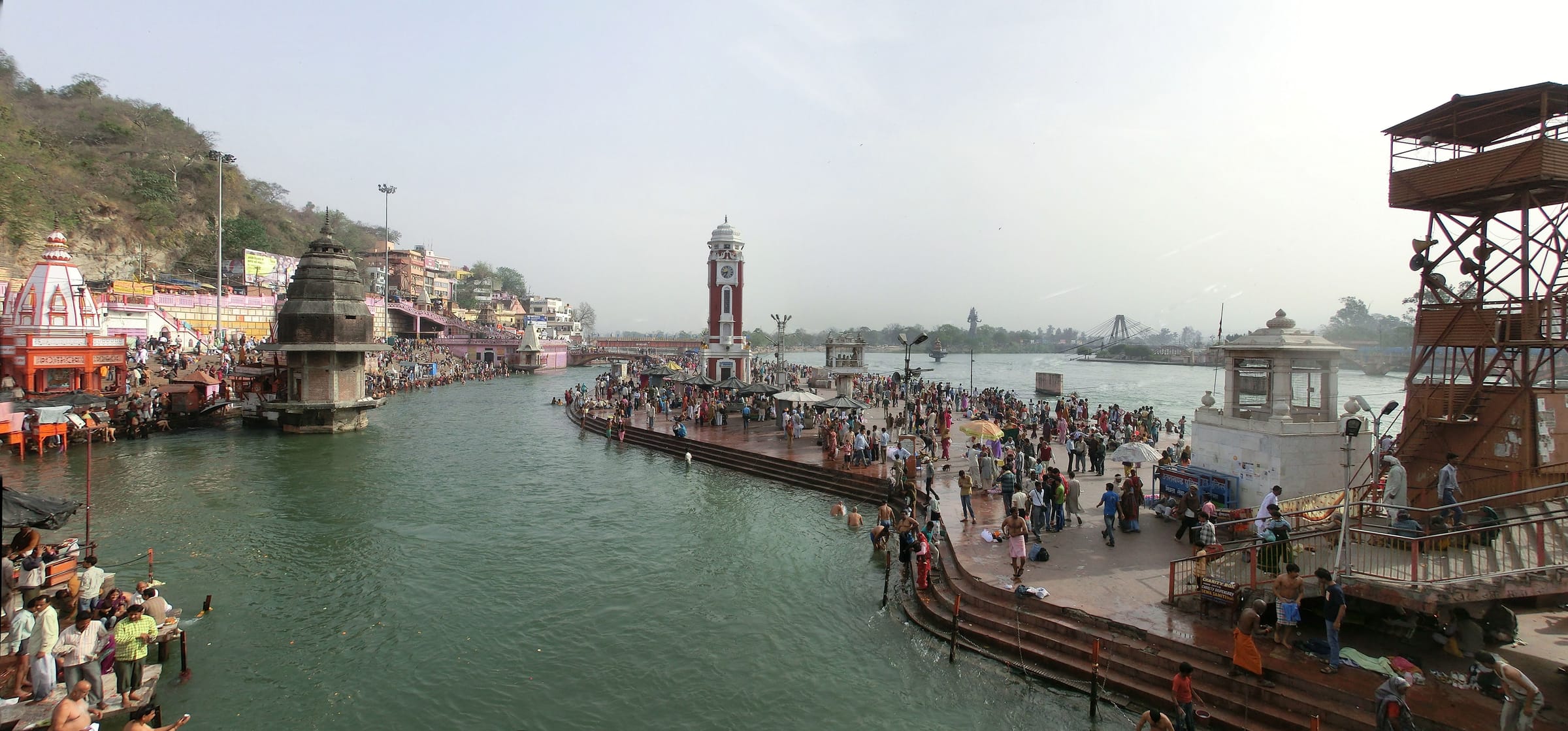 Panorama of Har Ki Pauri ghat on the Ganga at Haridwar, with its clock tower and bathing steps