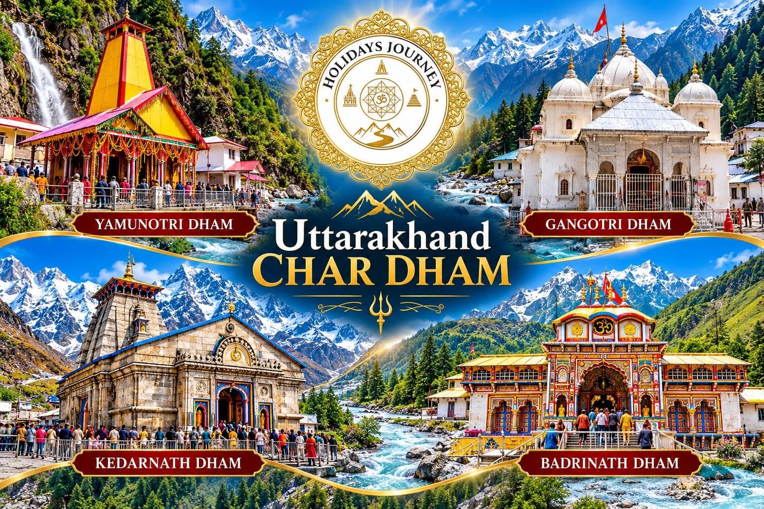 Holidays Journey Uttarakhand Char Dham: Yamunotri Dham, Gangotri Dham, Kedarnath Dham and Badrinath Dham.
