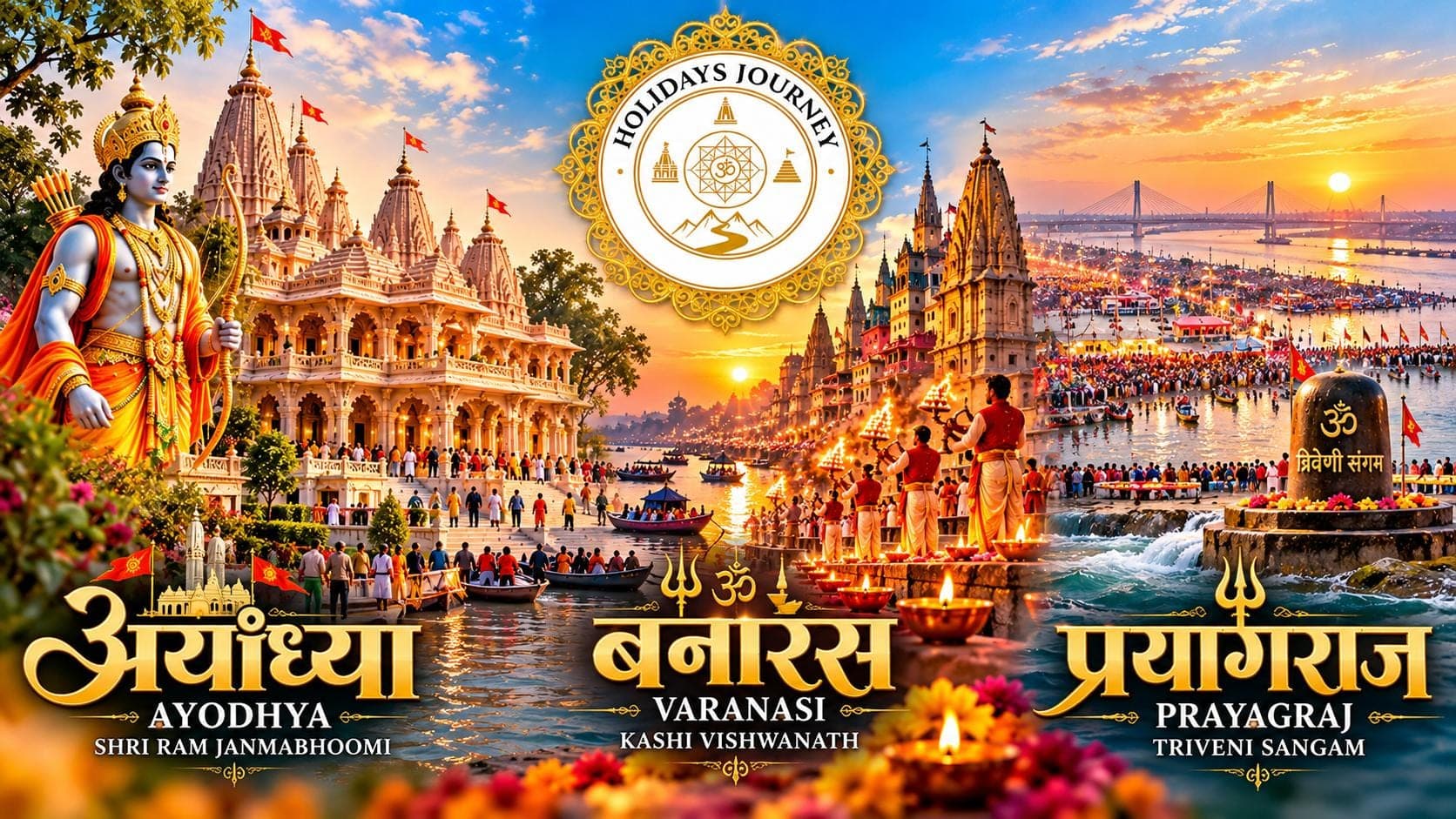 Holidays Journey: Ayodhya, Shri Ram Janmabhoomi; Banaras (Varanasi), Kashi Vishwanath; Prayagraj, Triveni Sangam.